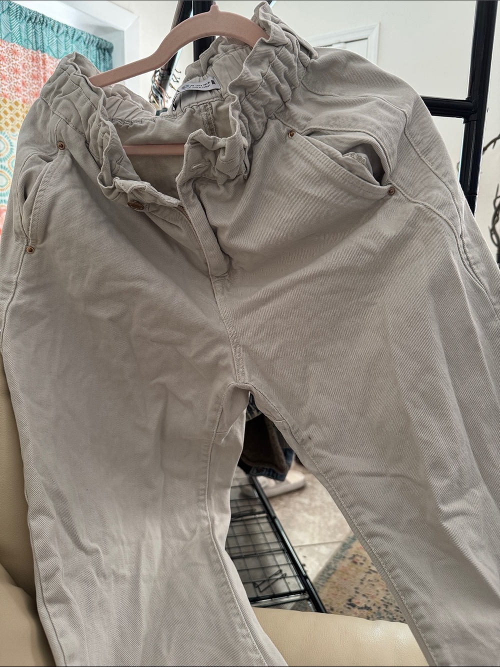 Ruffled Waist Beige Casual Pants